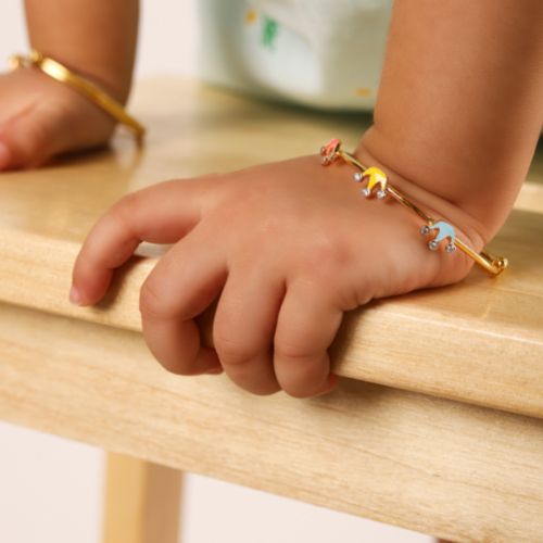 Kids Adjustable Gold Kada with three Colourful Crown Charms