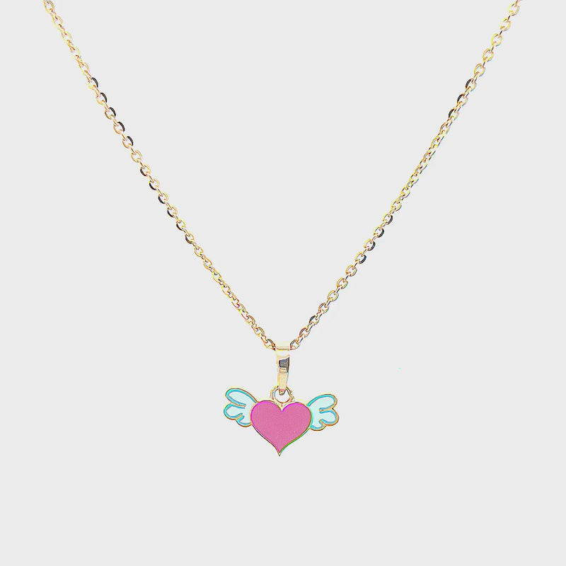 Kids Pink Heart with Wings Gold Pendant