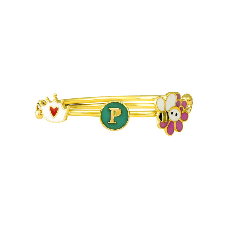 Kids Dark Green Initial Gold Kada