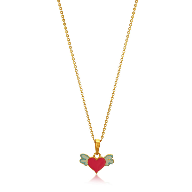 Kids Cute Pink Heart with Wings Gold Pendant with Chain